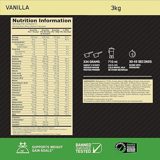 Optimum Nutrition (ON) Serious Mass High Protein High Calorie Weight Gainer Powder - 3 kg (Vanilla) with Vitamins and Minerals, Suitable for Vegetarian