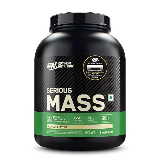 Optimum Nutrition (ON) Serious Mass High Protein High Calorie Weight Gainer Powder - 3 kg (Vanilla) with Vitamins and Minerals, Suitable for Vegetarian